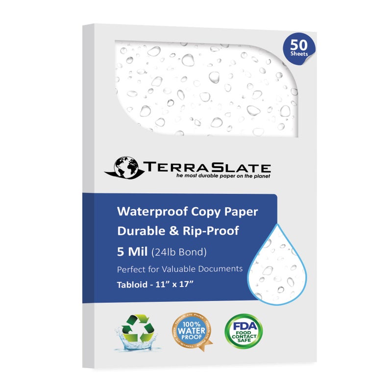 TerraSlate Waterproof Paper, Rip-Proof Paper, 50 Sheets, 5 Mil (120lb Cover), 11â€ x 17â€, Laser Printer and Copy Machine Compatible - Image 1